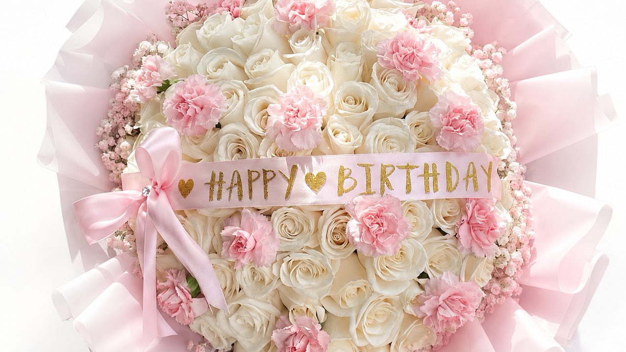 Blush birthday bouquet of white roses and pink carnations with a Happy Birthday topper