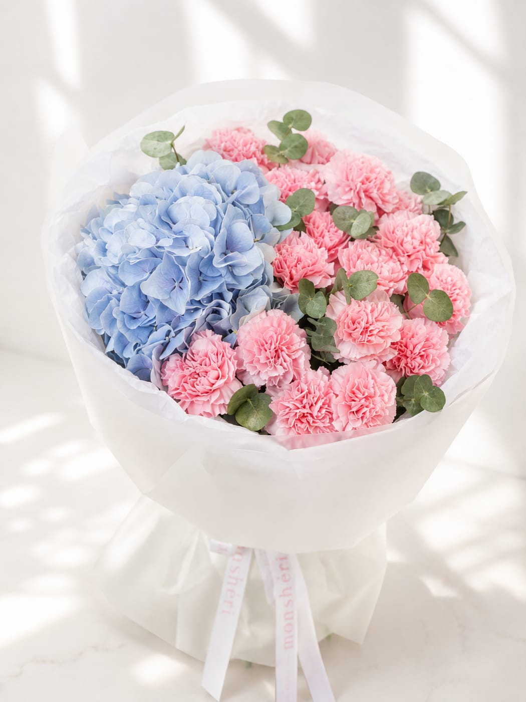 Blue Hydrangea & Pink Carnation Bouquet