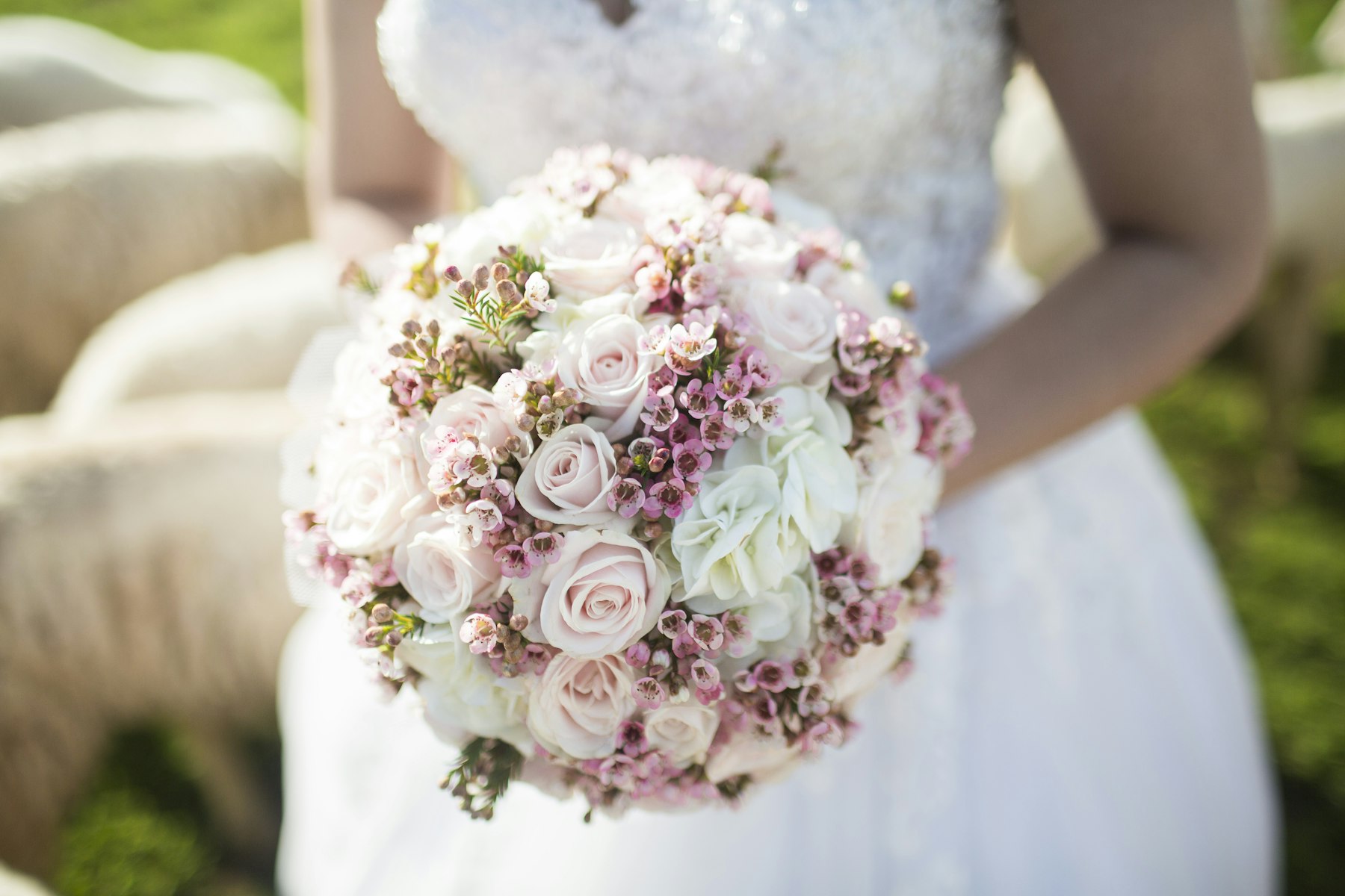 Bride holding a blush rose bouquet